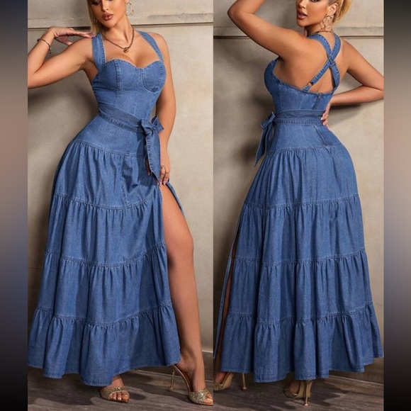 Dresses & Skirts - Boho Women Dark Wash High Slit Criss Cross Back Ruffle Hem Long Denim Dress